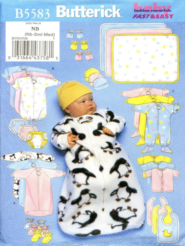 B5583 Infants Bunting, Jumpsuit, Shirt, Diaper Cover, Hat, Bib,